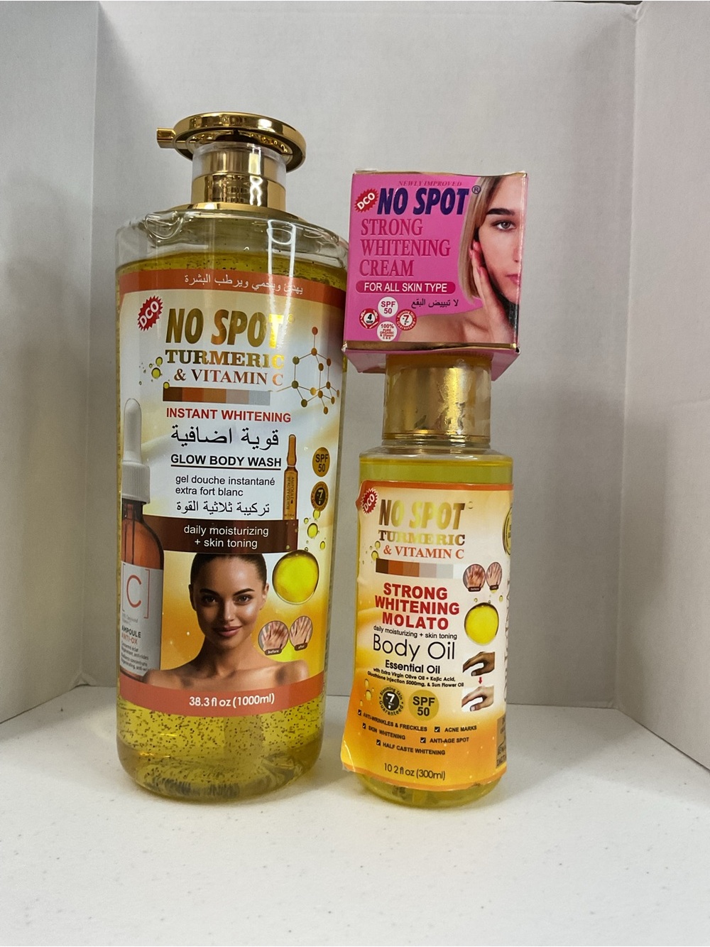 NO SPOT TURMERIC/VITAMIN C WHITENING BODY WASH, WHITENING MOLATO OIL&FACE CREAM